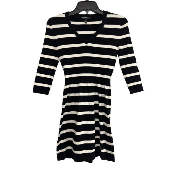 Mango Basics Womens Fit Flare Sweater Dress Sz M Black White Stretch 3/4 Sleeve‎ - Picture 1 of 7